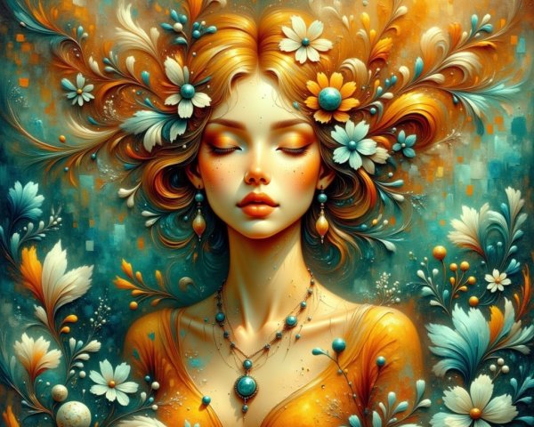 Serene Young Woman with Floral Adornments and Jewelry