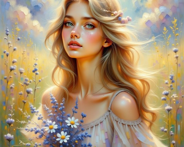 Young woman in wildflower field with bouquet of daisies