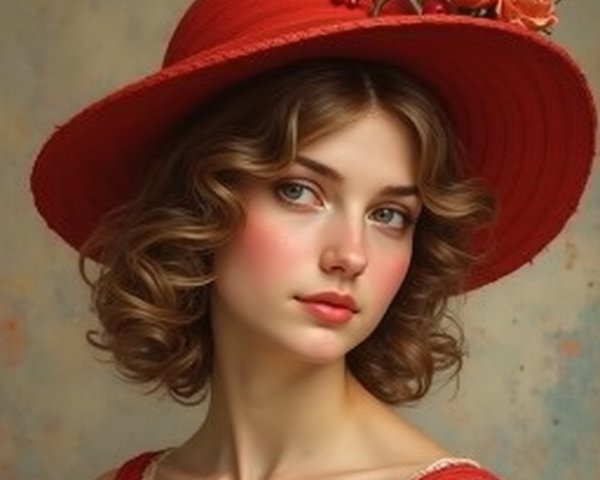 Elegant Young Woman in Red Hat with Roses