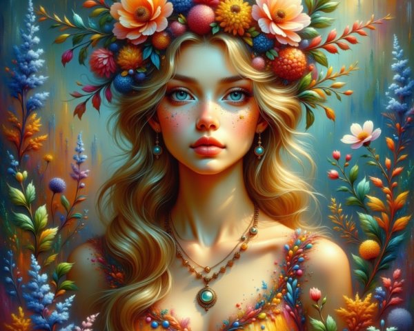 Young woman in floral crown among blooming flowers