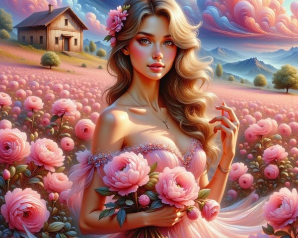 Woman in Pink Rose Field with Cottage and Hills