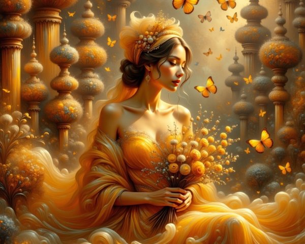 Young Woman in Golden Gown Surrounded by Butterflies