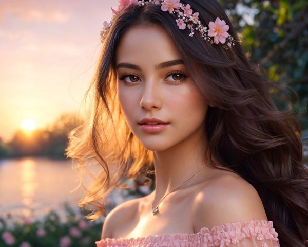 Young woman in pastel dress by tranquil sunset water