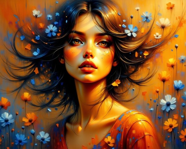 Portrait of a Woman with Colorful Flowers and Freckles