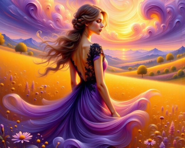 Young Woman in Purple Dress in Vibrant Field Scene