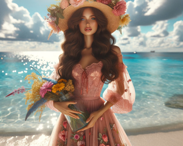 Graceful Figure in Pink Gown on Sunlit Beach