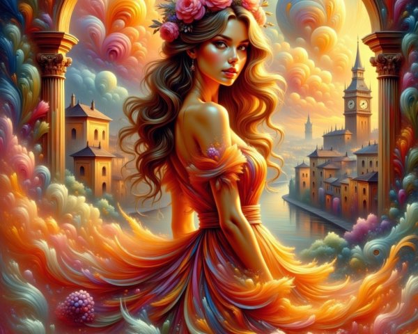 Young woman with floral crown in vibrant cityscape
