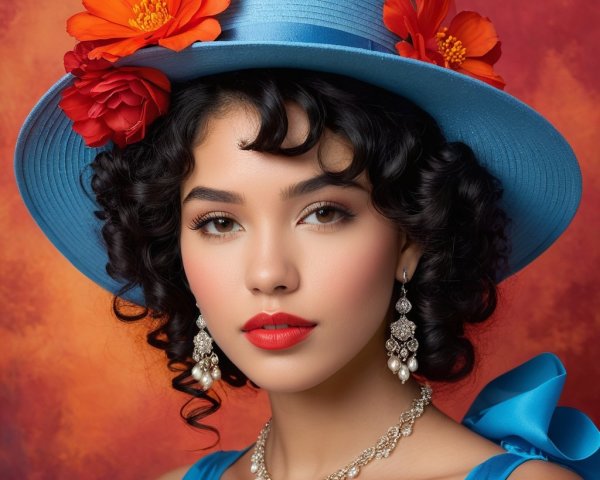 Young Woman in Blue Hat with Colorful Background