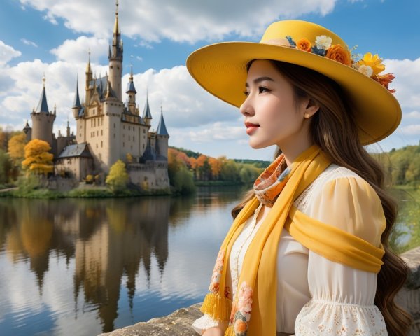 Woman in Yellow Hat by Serene Lake with Castle View