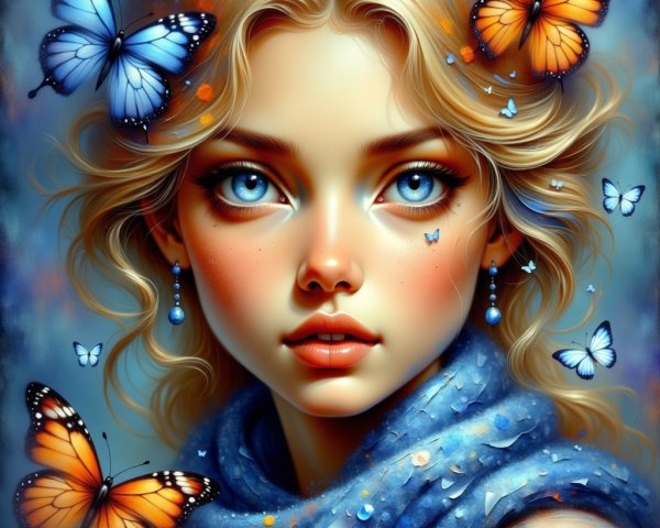 Close-up of a girl with blue eyes and butterflies