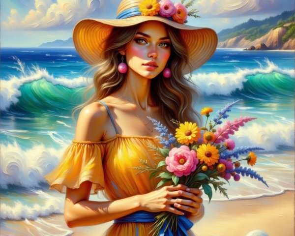 Woman in Yellow Dress at Vibrant Beach Scene