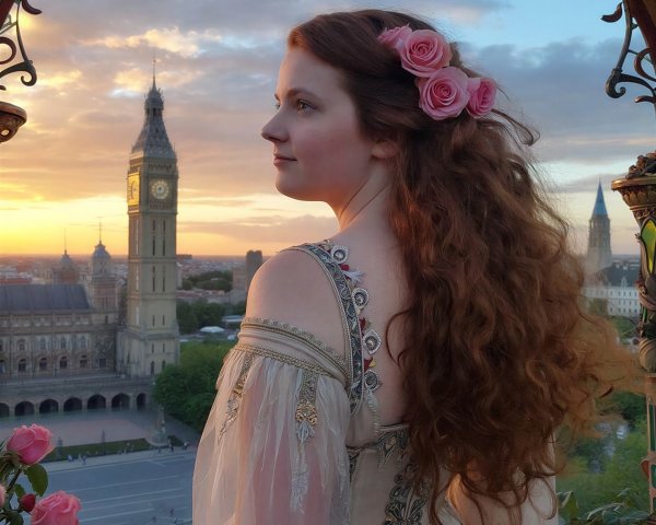 Profile of a Young Woman in Medieval Gown with Roses