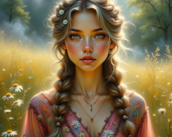 Young woman in floral dress in sunlit meadow