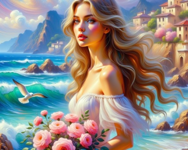 Young Woman with Roses on Beach at Sunset