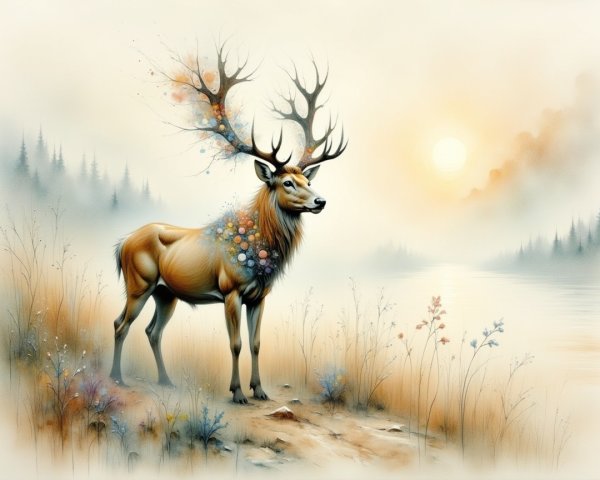 Majestic stag by a serene lake at sunrise