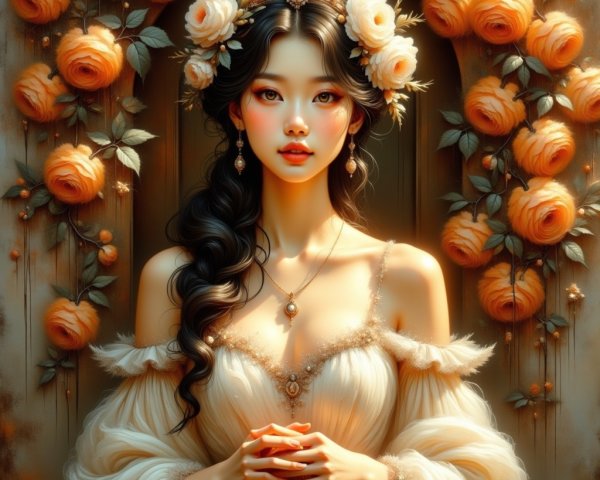 Elegant Woman in Blooming Rose Garden Setting