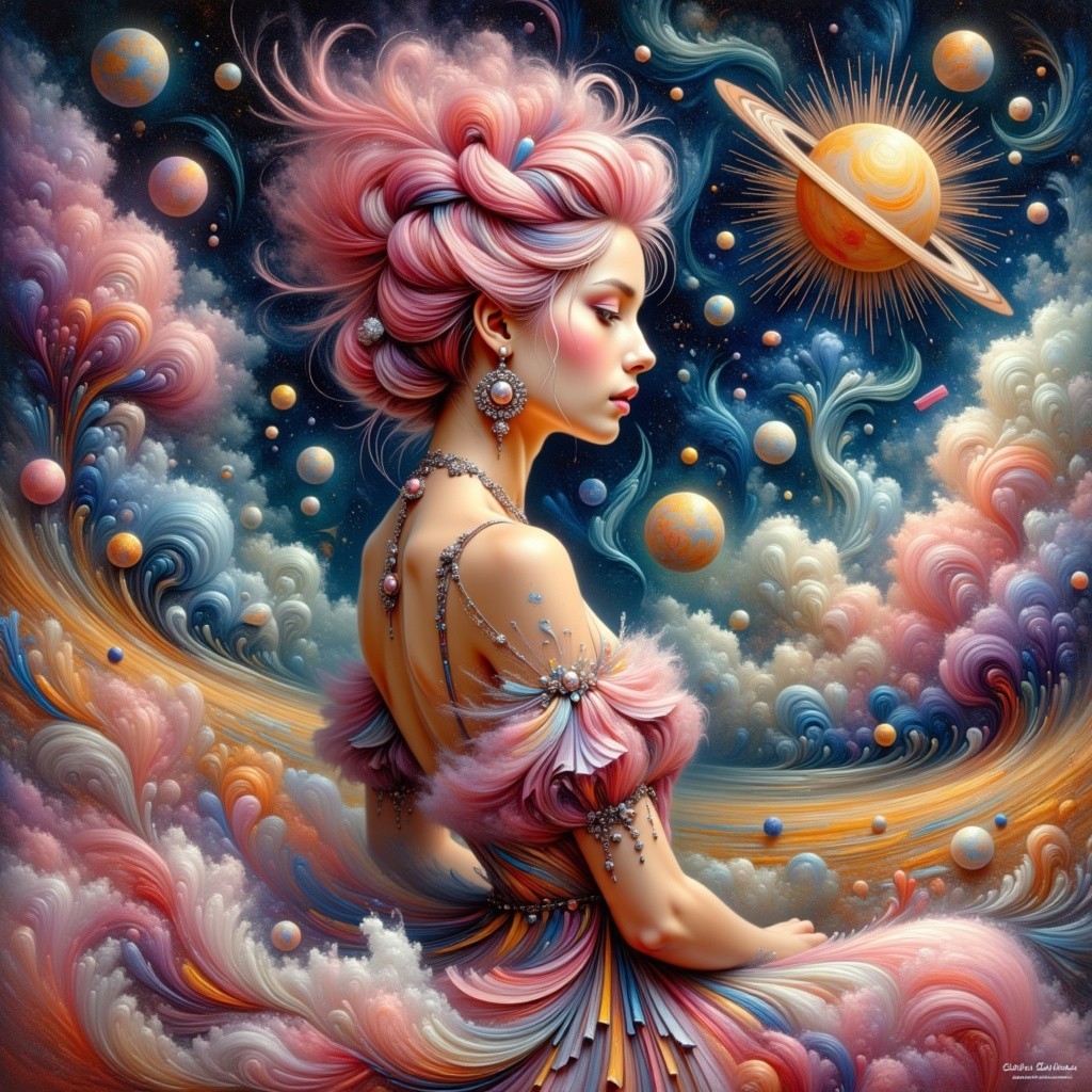 Fantastical Woman with Cosmic Elements and Planets
