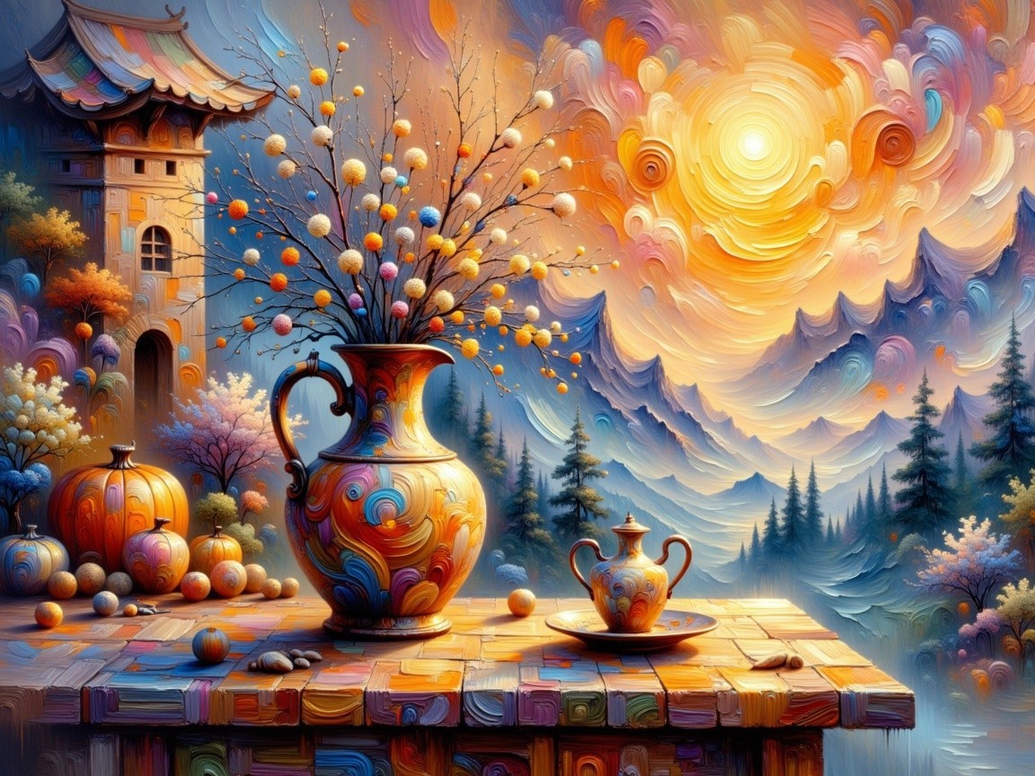 Vibrant landscape with colorful vase and teapot scene