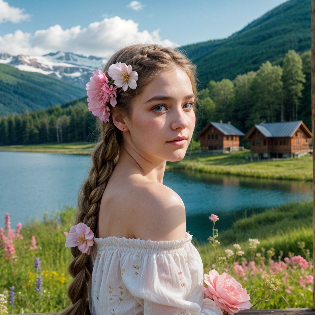 Young girl by a lake with flowers and cabins