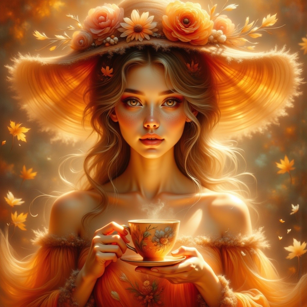 Elegant Woman in Floral Hat with Tea Cup in Autumn