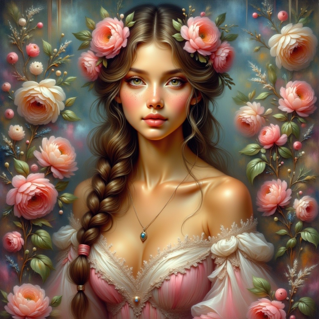 Young woman in floral gown surrounded by roses