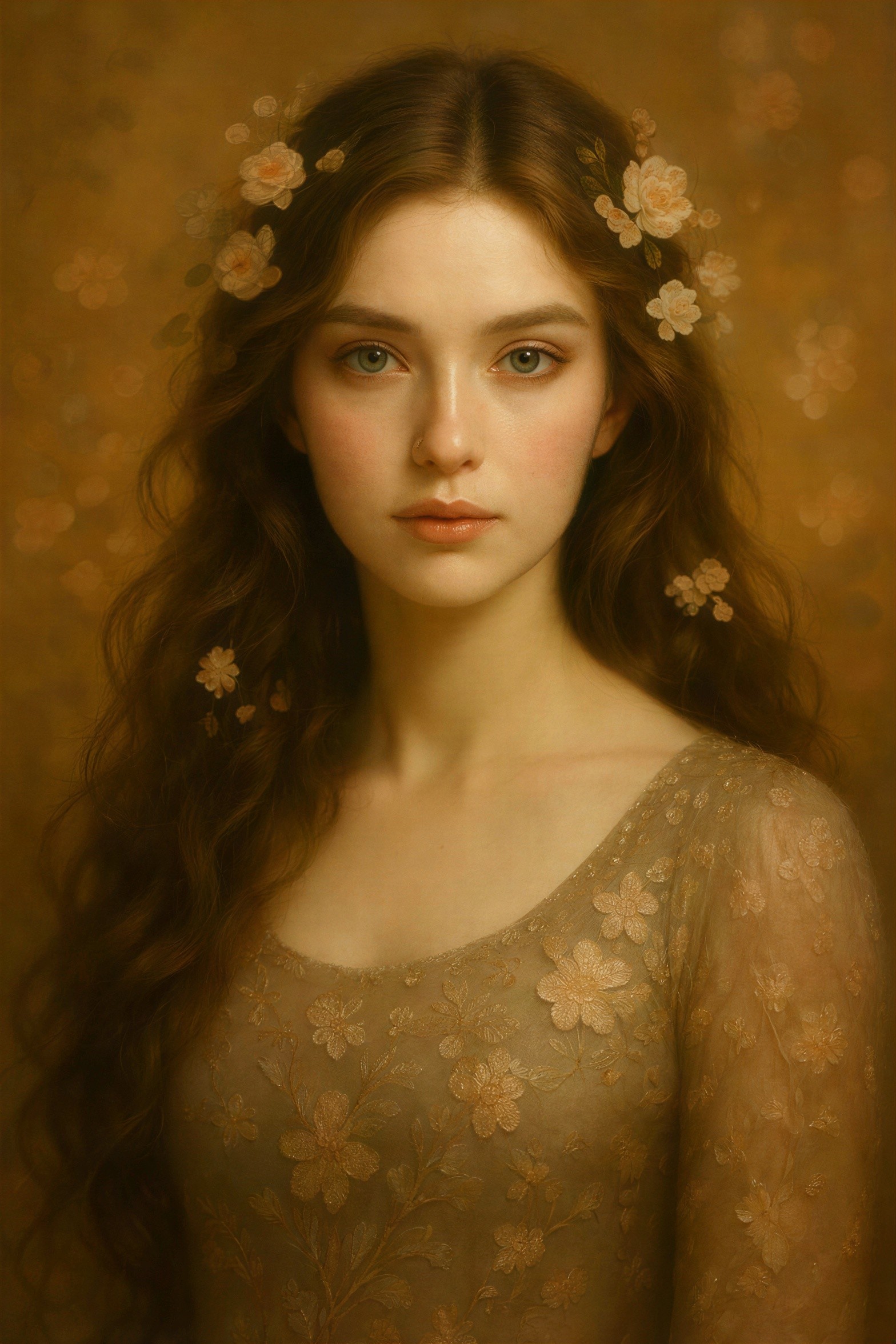 Close-up Portrait of a Woman with Blue Eyes and Roses