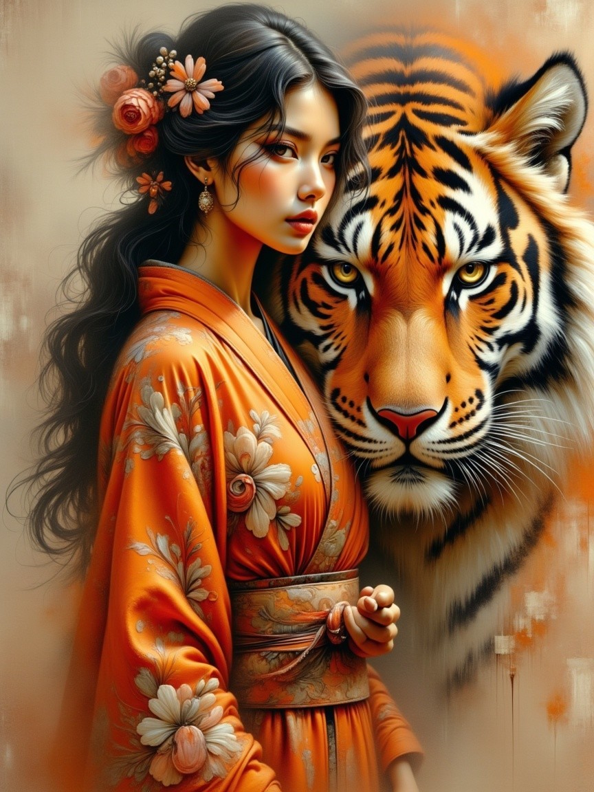 Woman in Orange Kimono with Tiger in Warm Setting