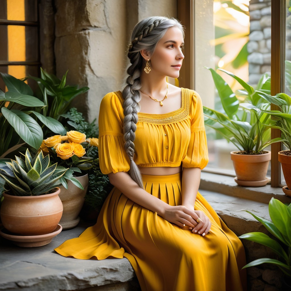 Young woman with silver hair in sunny indoor setting
