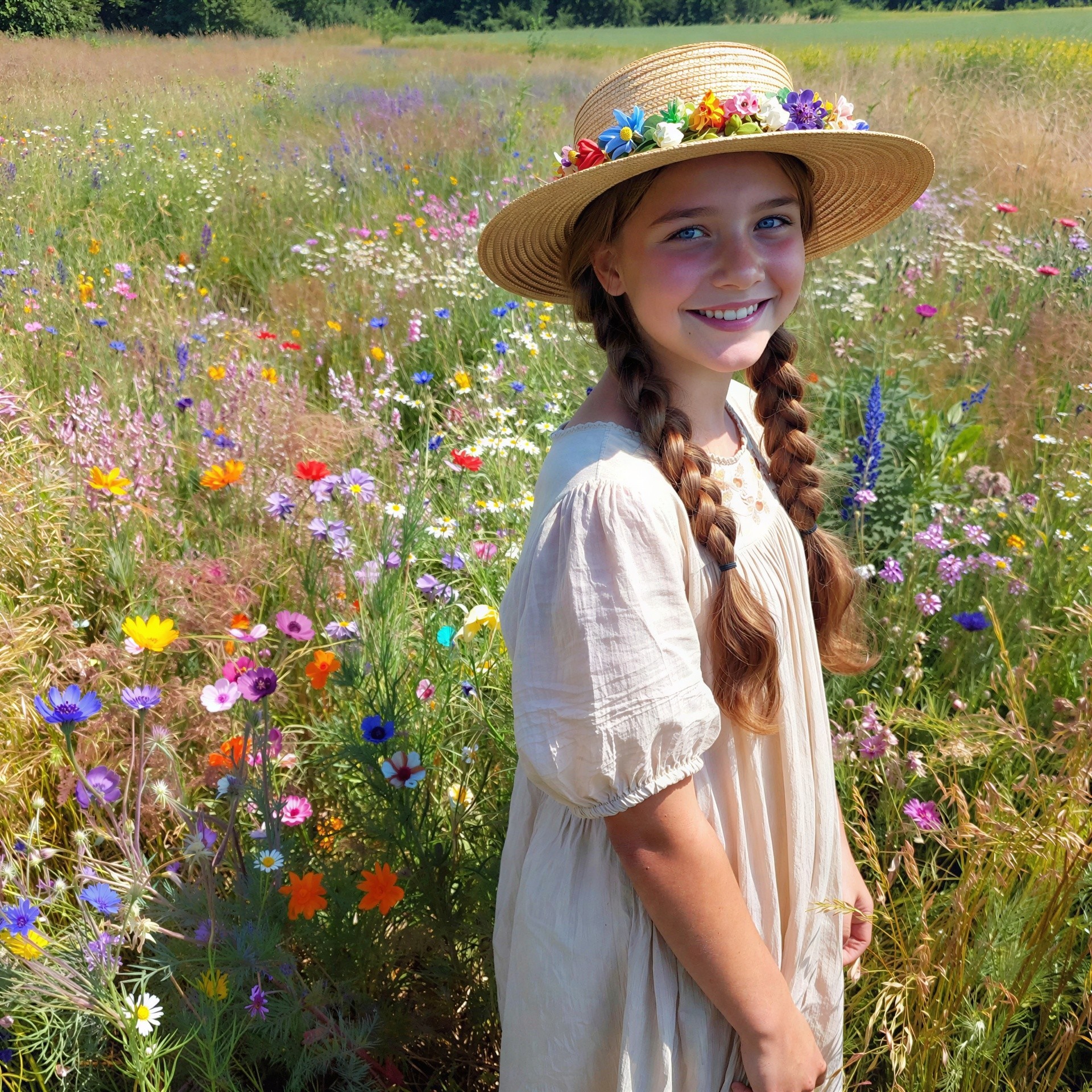 Smiling Little Girl in Colorful Wildflower Field