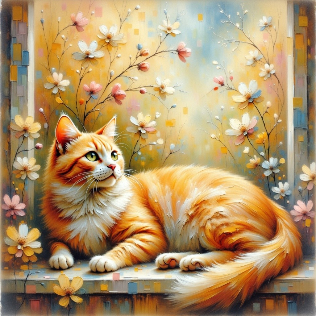 Fluffy Orange Cat Against Pastel Background with Flowers