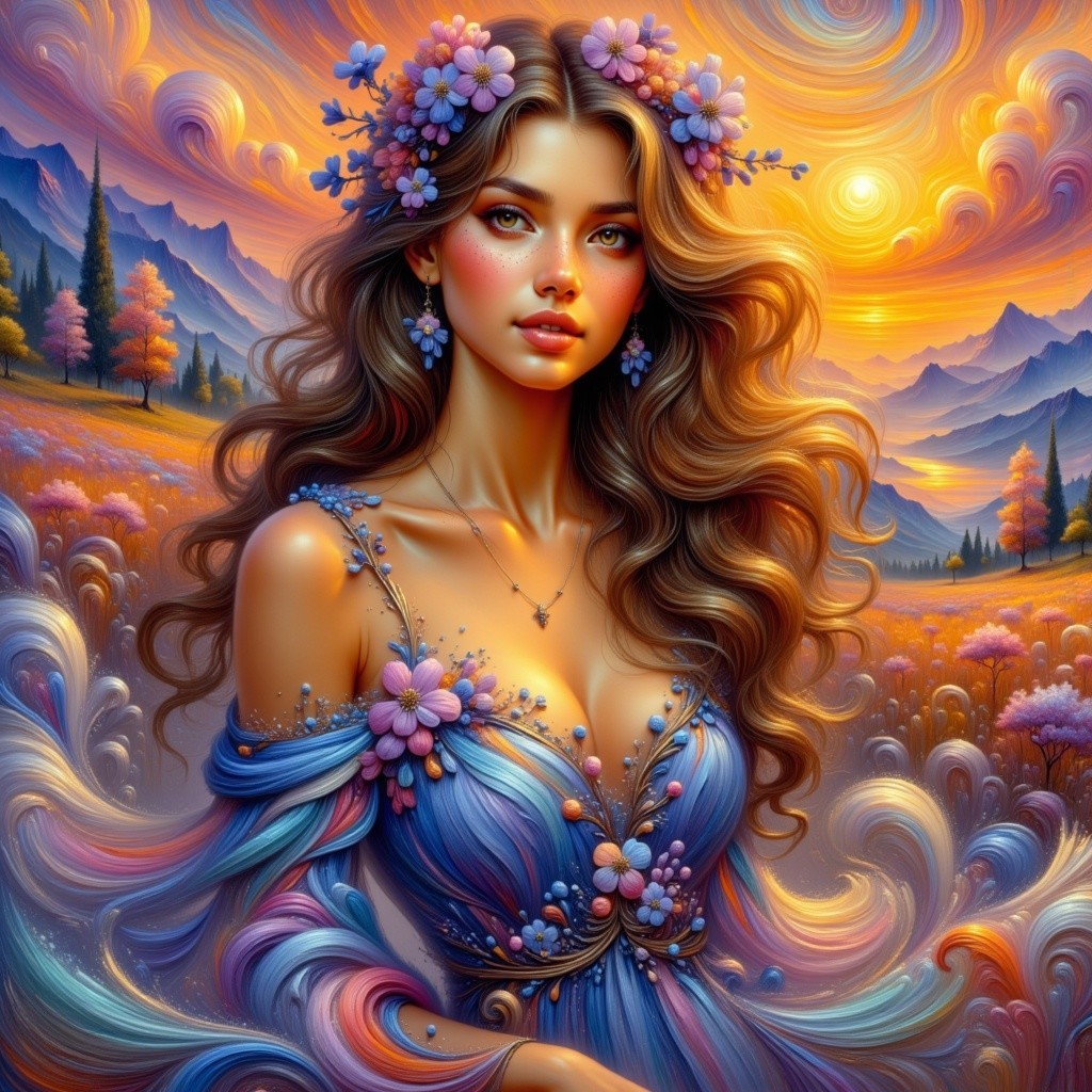 Woman with Wavy Hair and Floral Adornments at Sunset