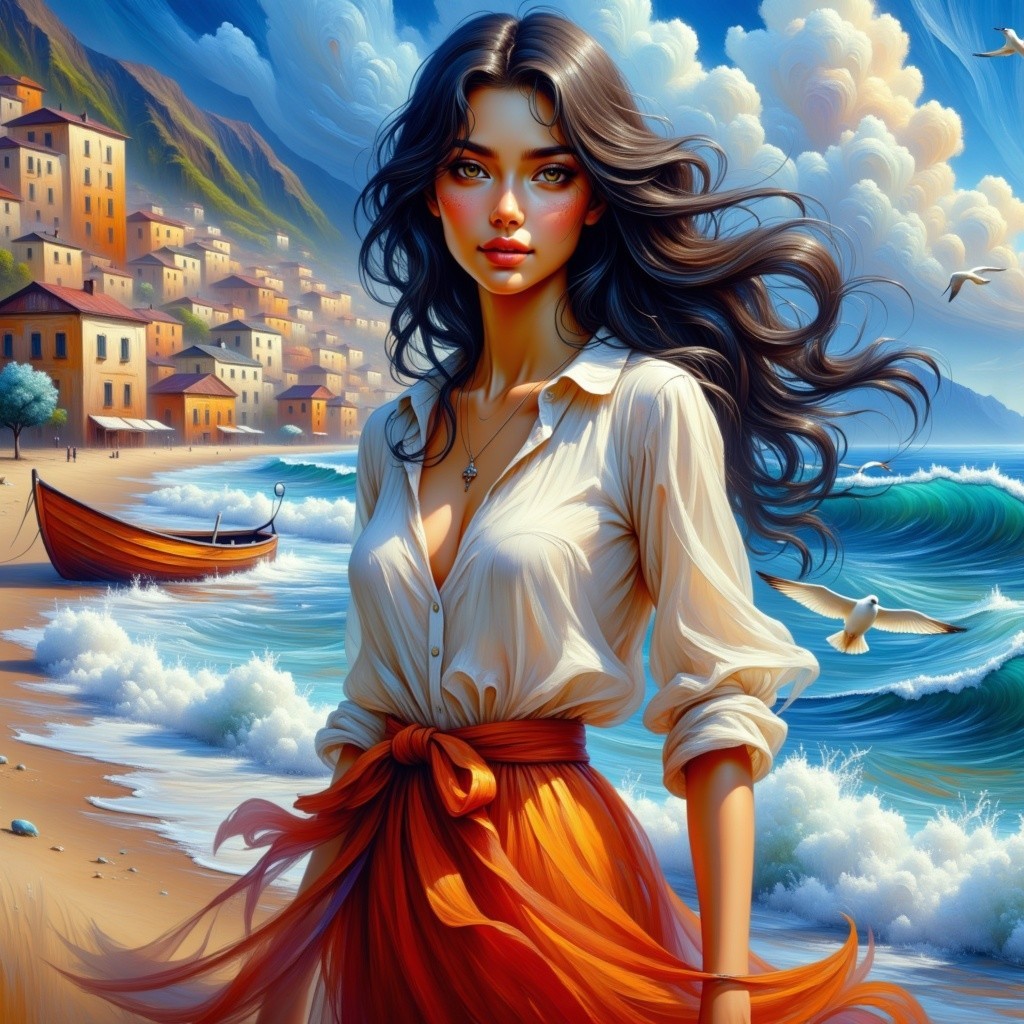Young woman on beach with ocean and colorful buildings