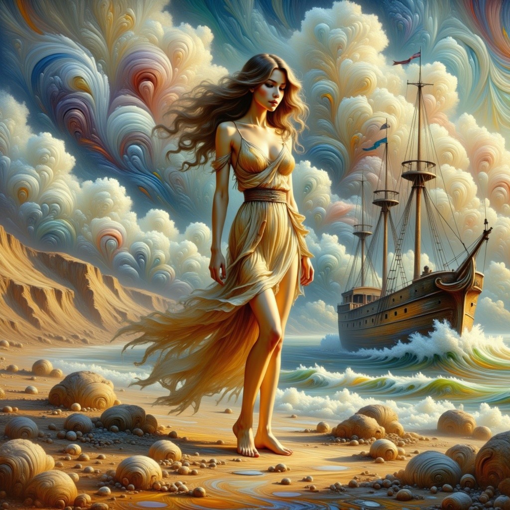 Surreal Scene of a Woman on a Sandy Shore