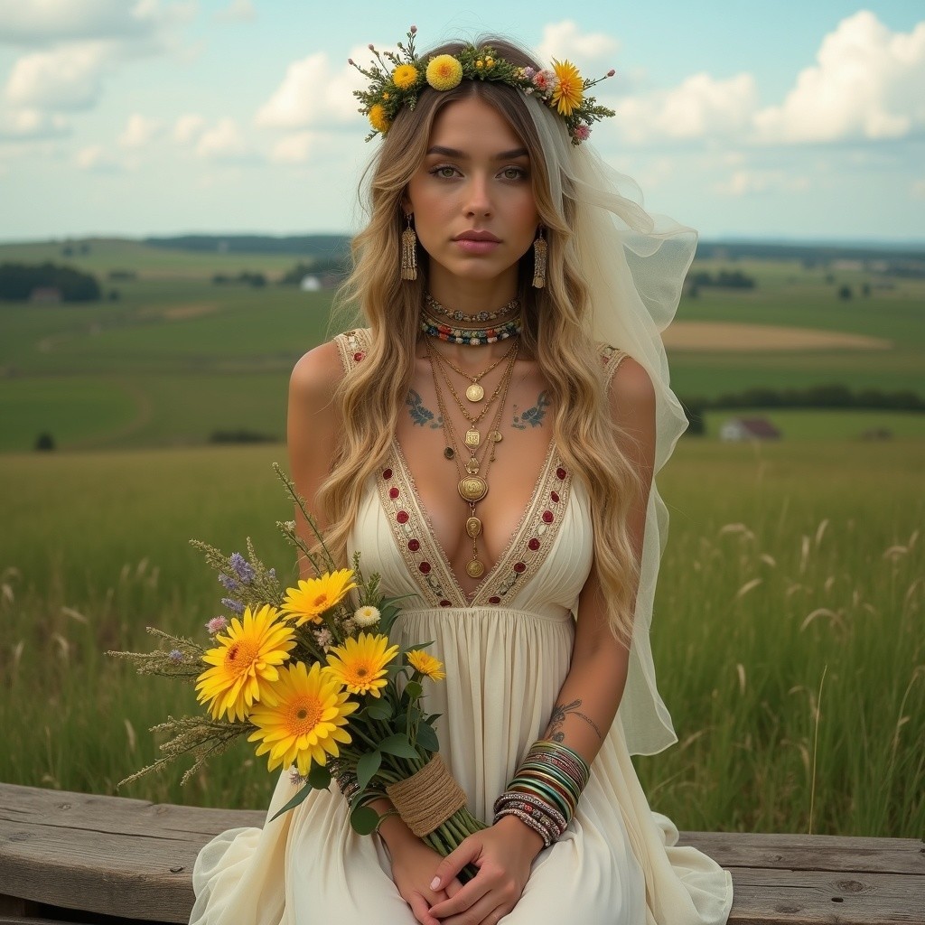Young woman in white dress in a scenic meadow