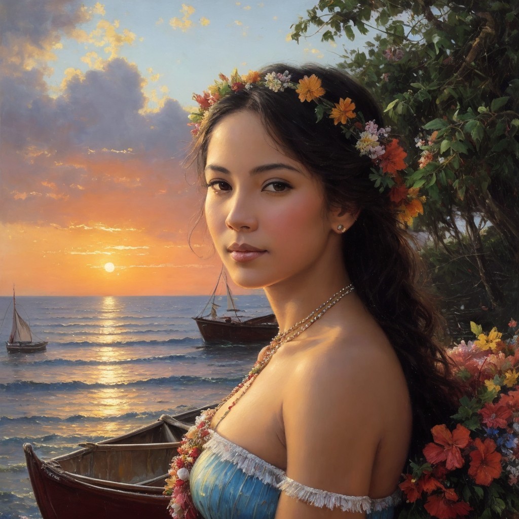 Young Woman by Water at Sunset with Floral Crown