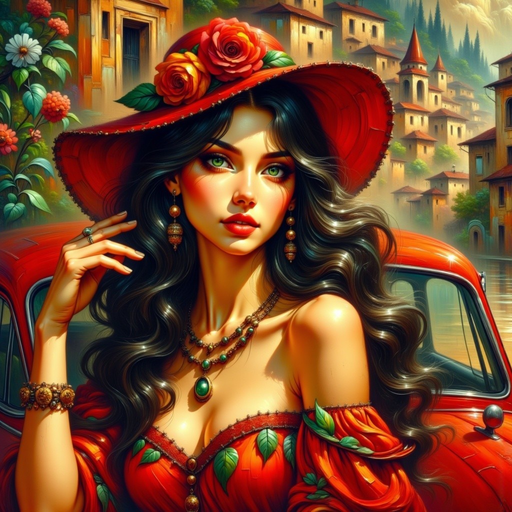 Elegant Woman in Red Dress with Vintage Car Background
