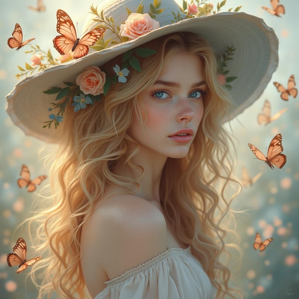 Young woman in flower hat with butterflies in background
