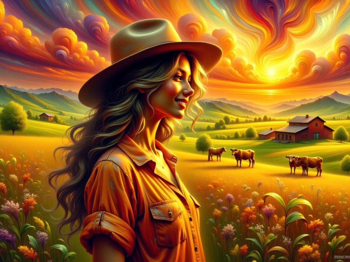 Young Woman in Colorful Sunset Landscape with Flowers