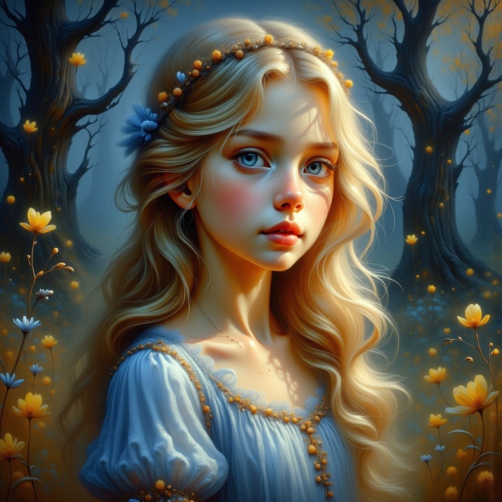 Young girl in a mystical forest with glowing light