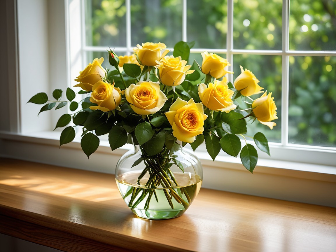 Vibrant Yellow Roses in a Glass Vase with Green Leaves