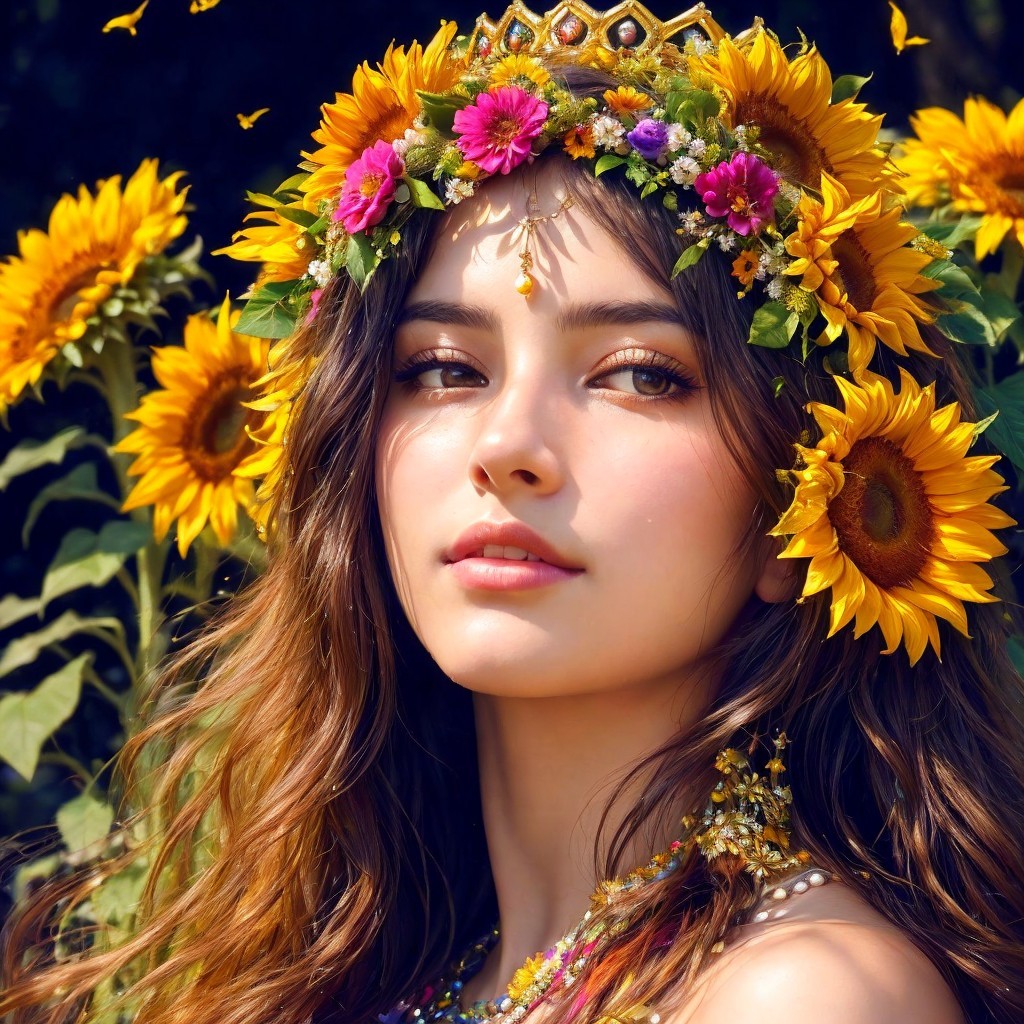 Young woman with floral crown in sunny setting