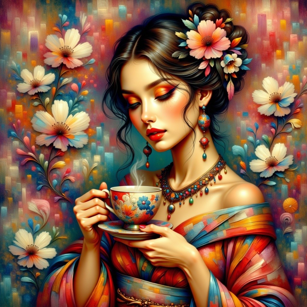 Young Woman with Decorative Tea Cup and Floral Background