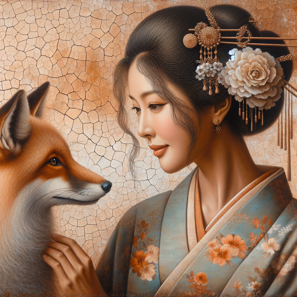 Serene Woman in Traditional Attire with Fox Companion
