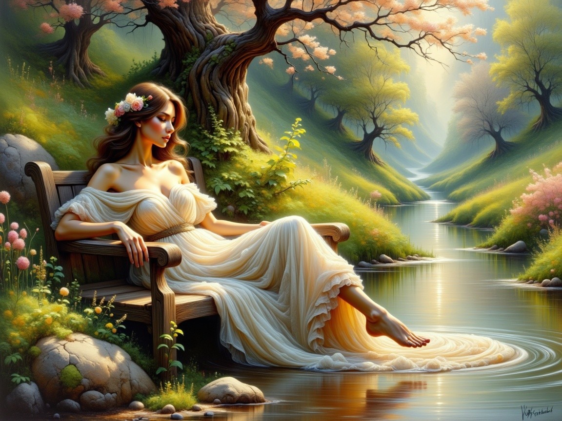 Serene Landscape with Stream and Woman in Gown