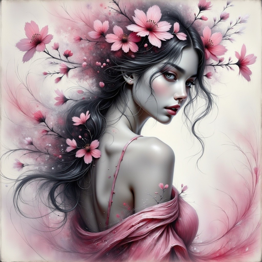 Portrait of a woman with cherry blossoms in hair