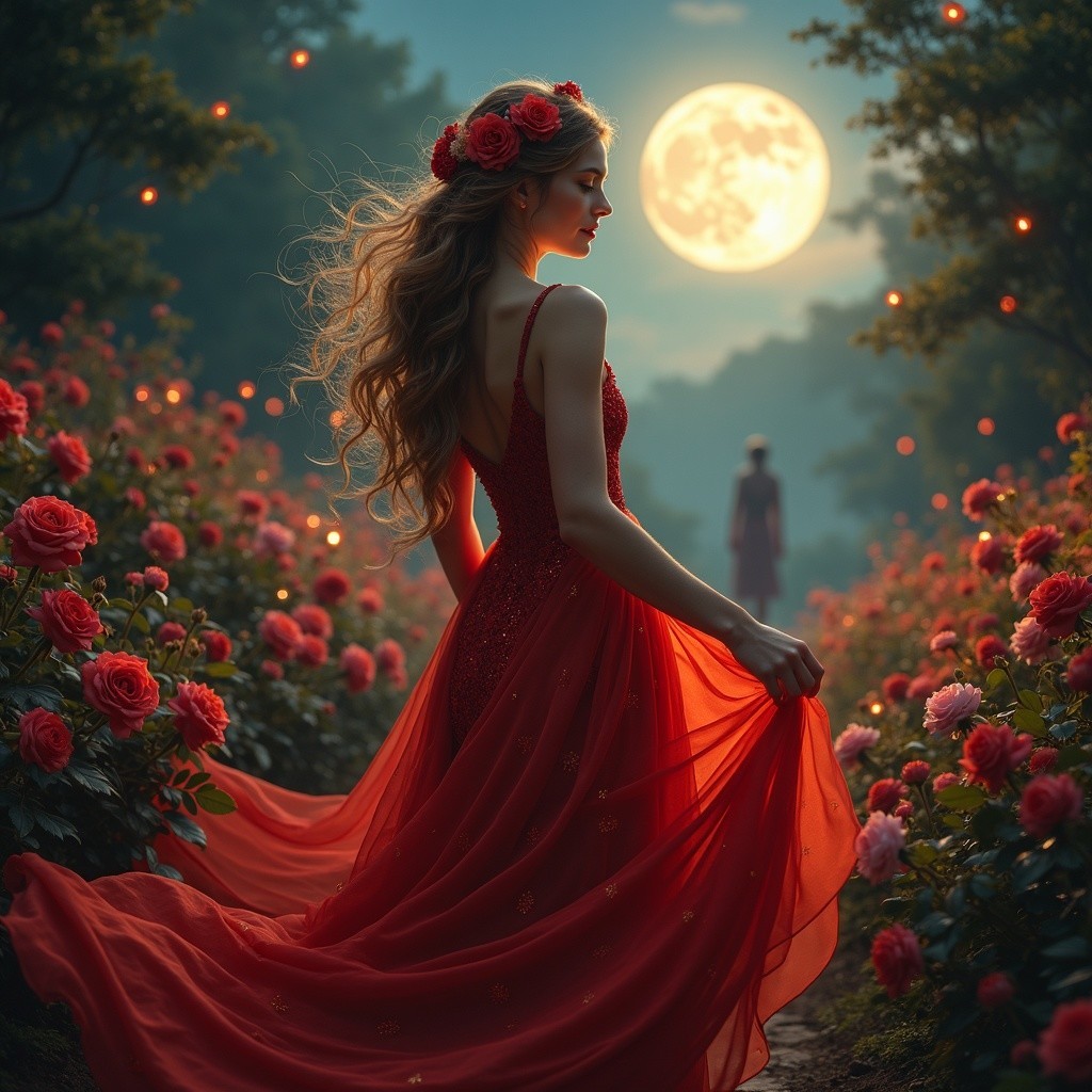 Young Woman in Red Gown in Lush Rose Garden
