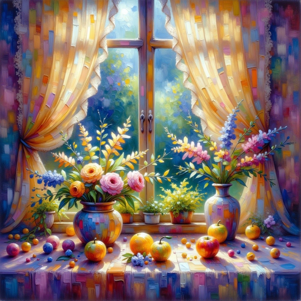 Vibrant Still Life with Sunlit Window and Flowers