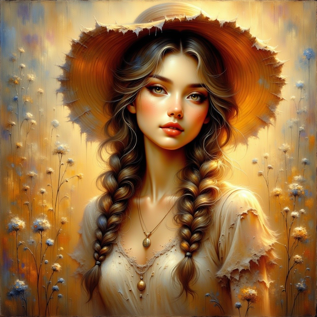 Young woman in straw hat amidst dreamy florals