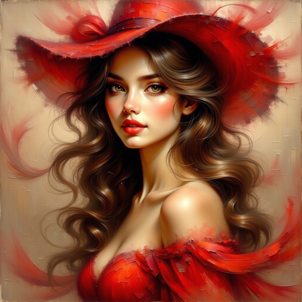 Glamorous Woman in Red Hat with Intricate Feathers