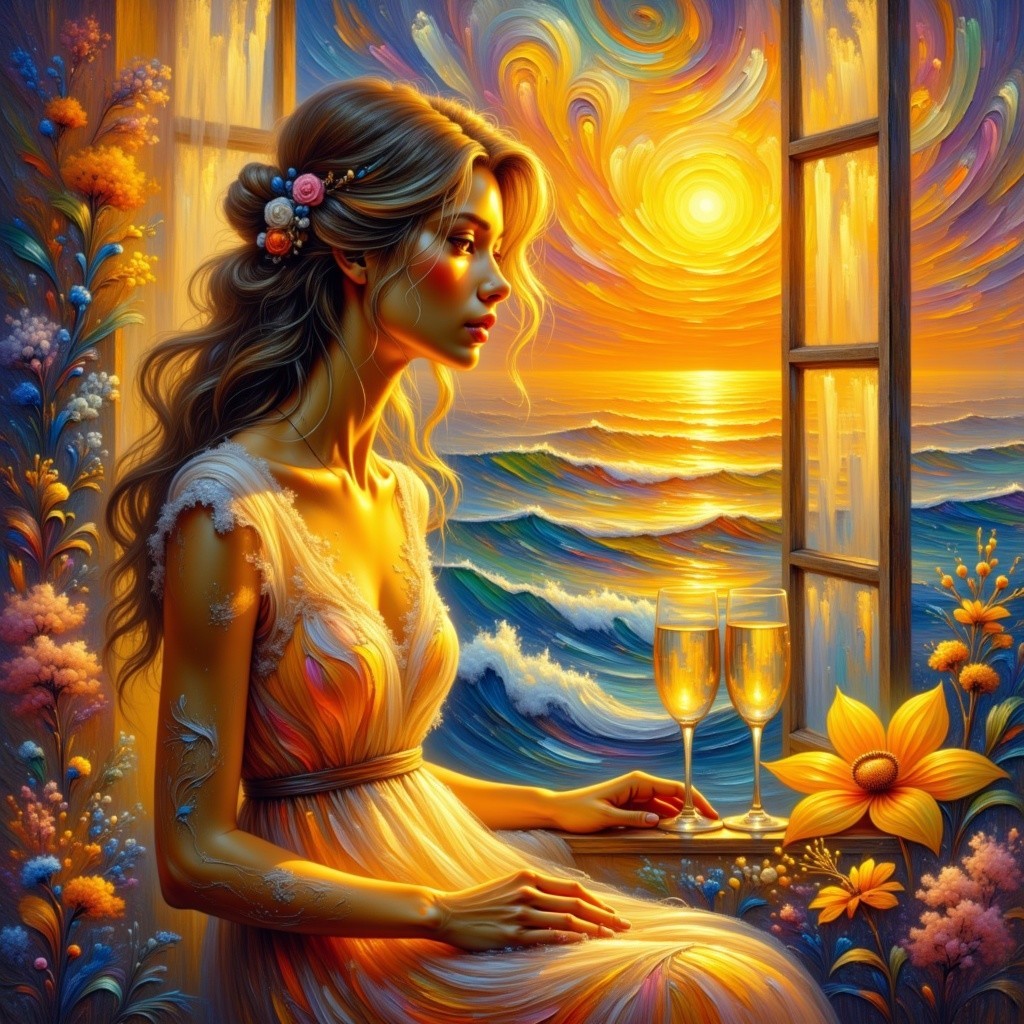 Young Woman in Sunset Light with Champagne and Flowers